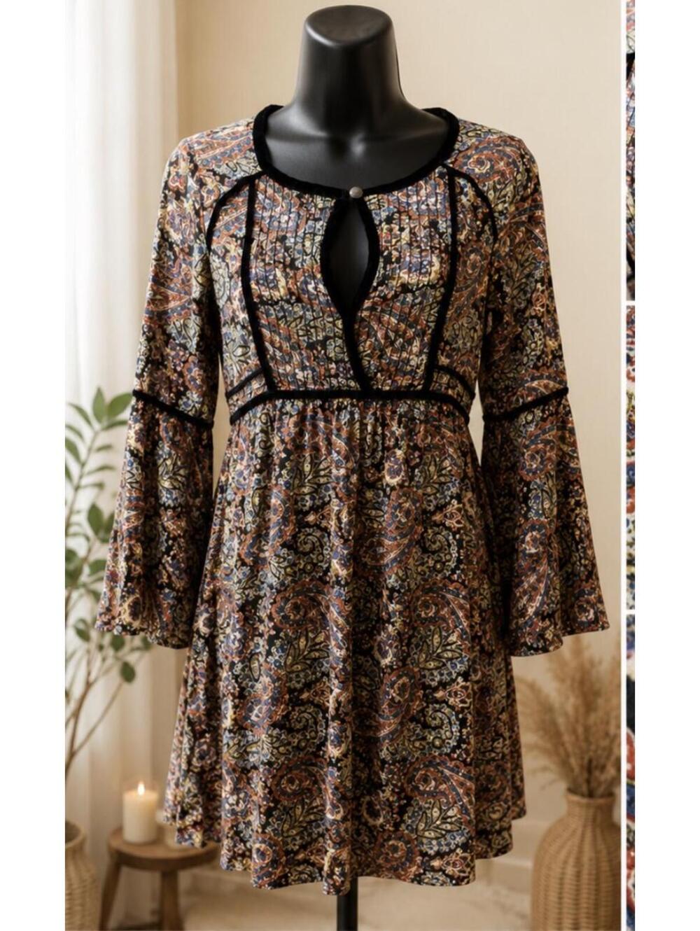 American Eagle Paisley Velvet Trim Bell Sleeve Mini Dress/Tunic Boho Festival S